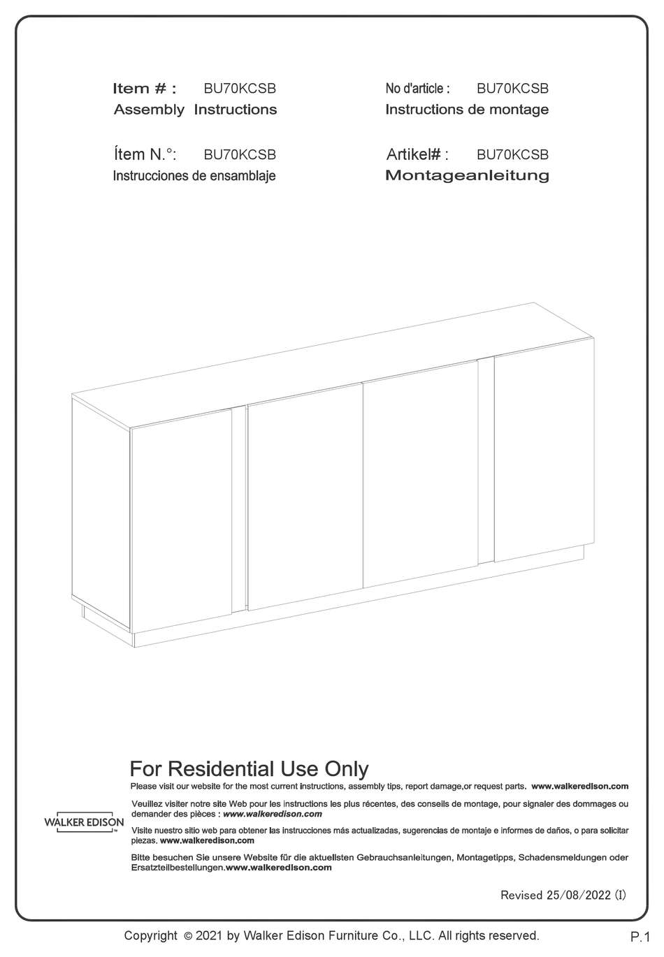 WALKER EDISON BU70KCSB ASSEMBLY INSTRUCTIONS MANUAL Pdf Download