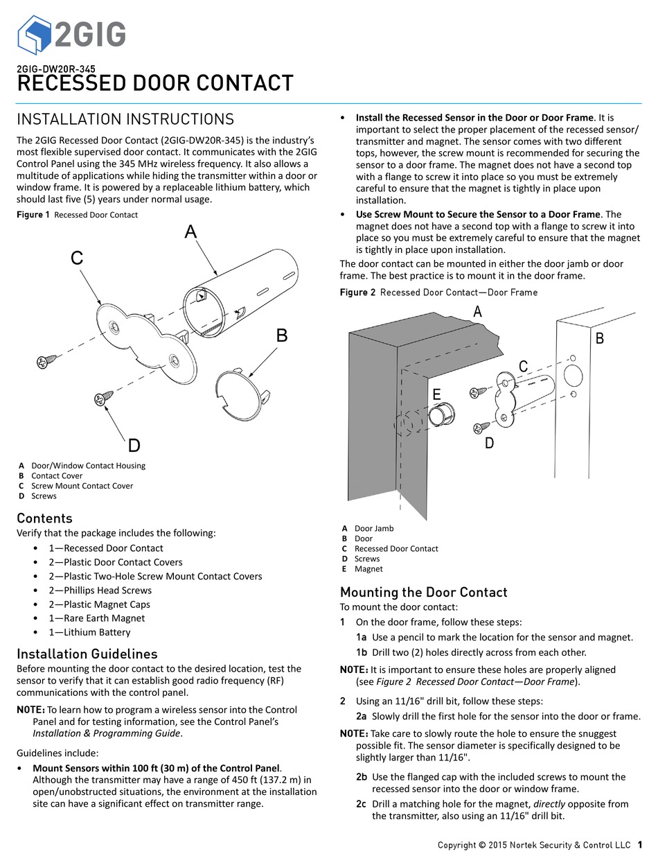 NORTEK SECURITY & CONTROL 2GIGDW20R345 INSTALLATION INSTRUCTIONS Pdf
