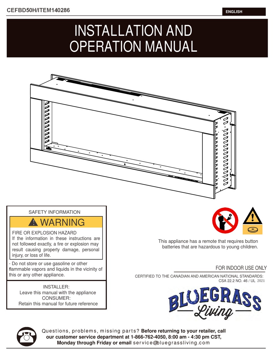 BLUEGRASS LIVING CEFBD50H INSTALLATION AND OPERATION MANUAL Pdf ...