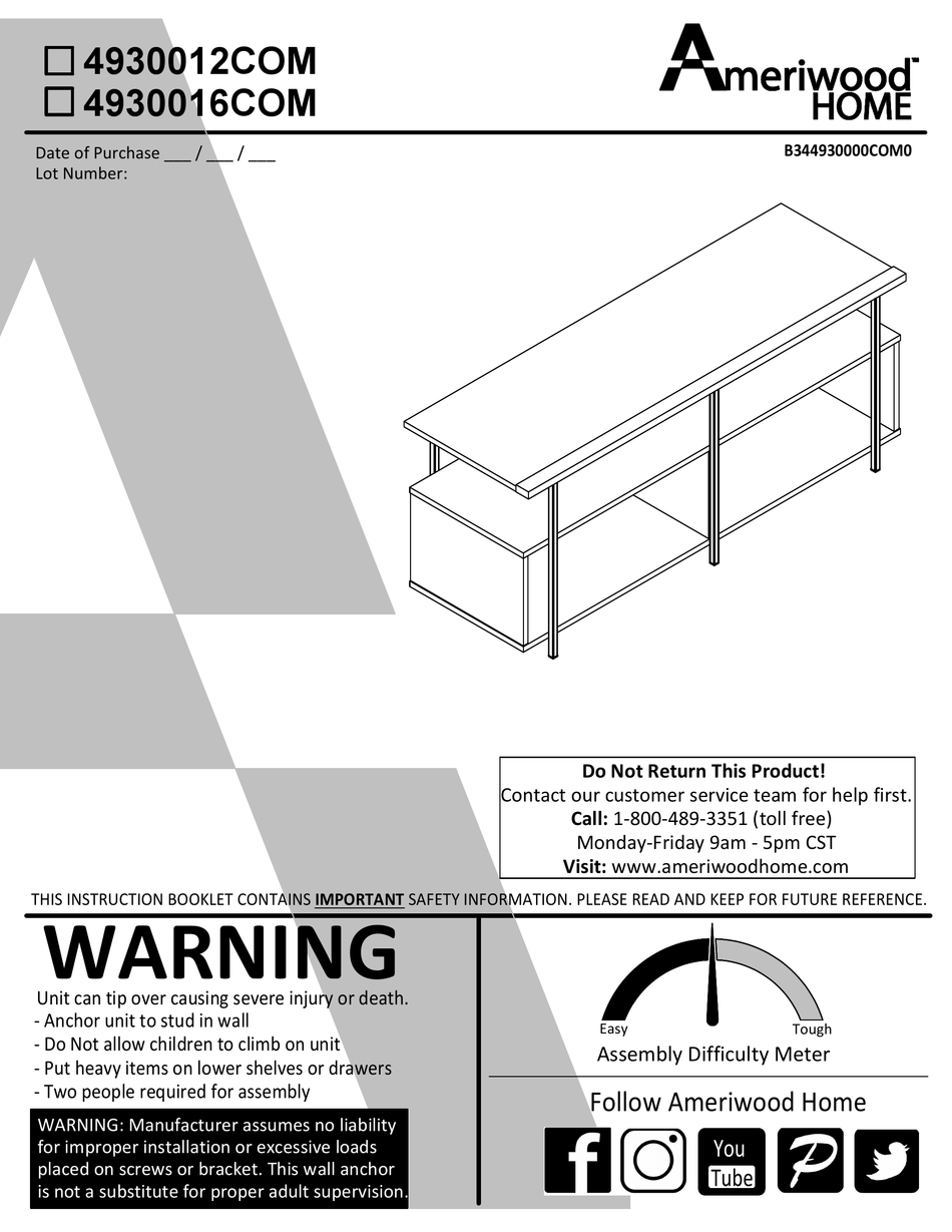 AMERIWOOD HOME ASSEMBLY INSTRUCTIONS MANUAL Pdf Download