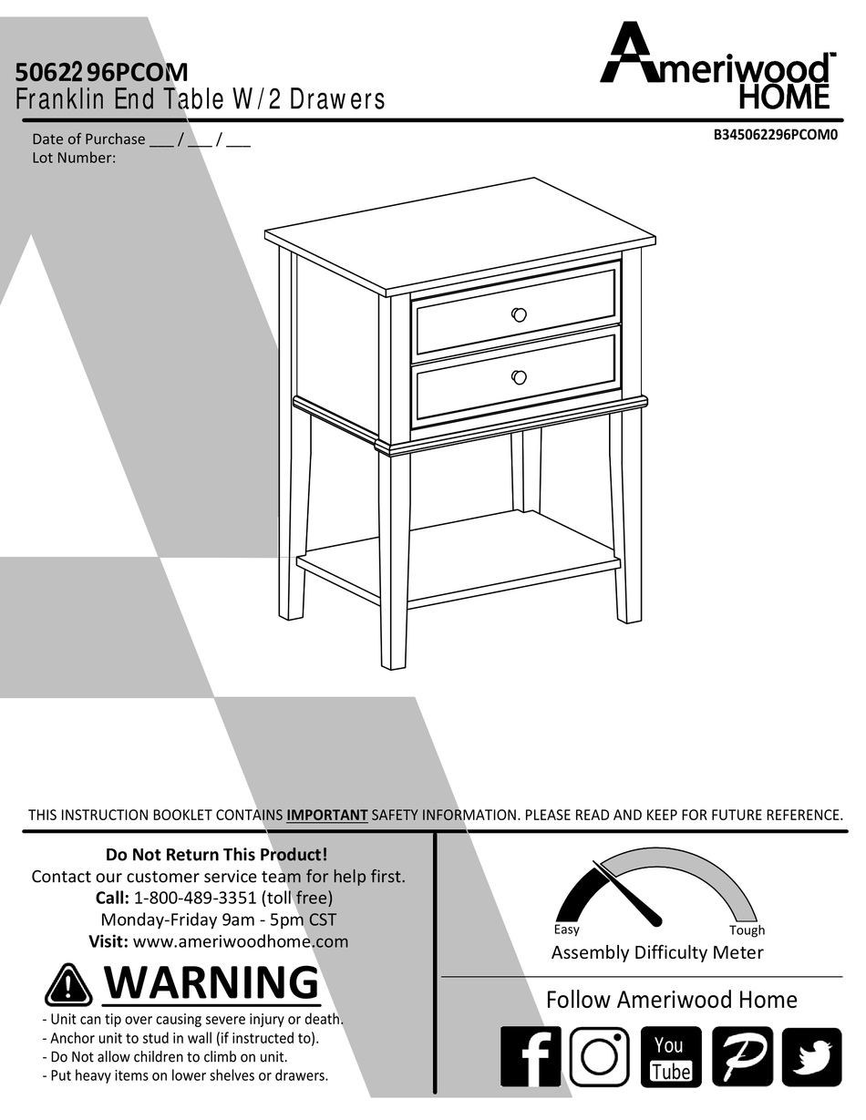 AMERIWOOD HOME FRANKLIN ASSEMBLY INSTRUCTIONS MANUAL Pdf