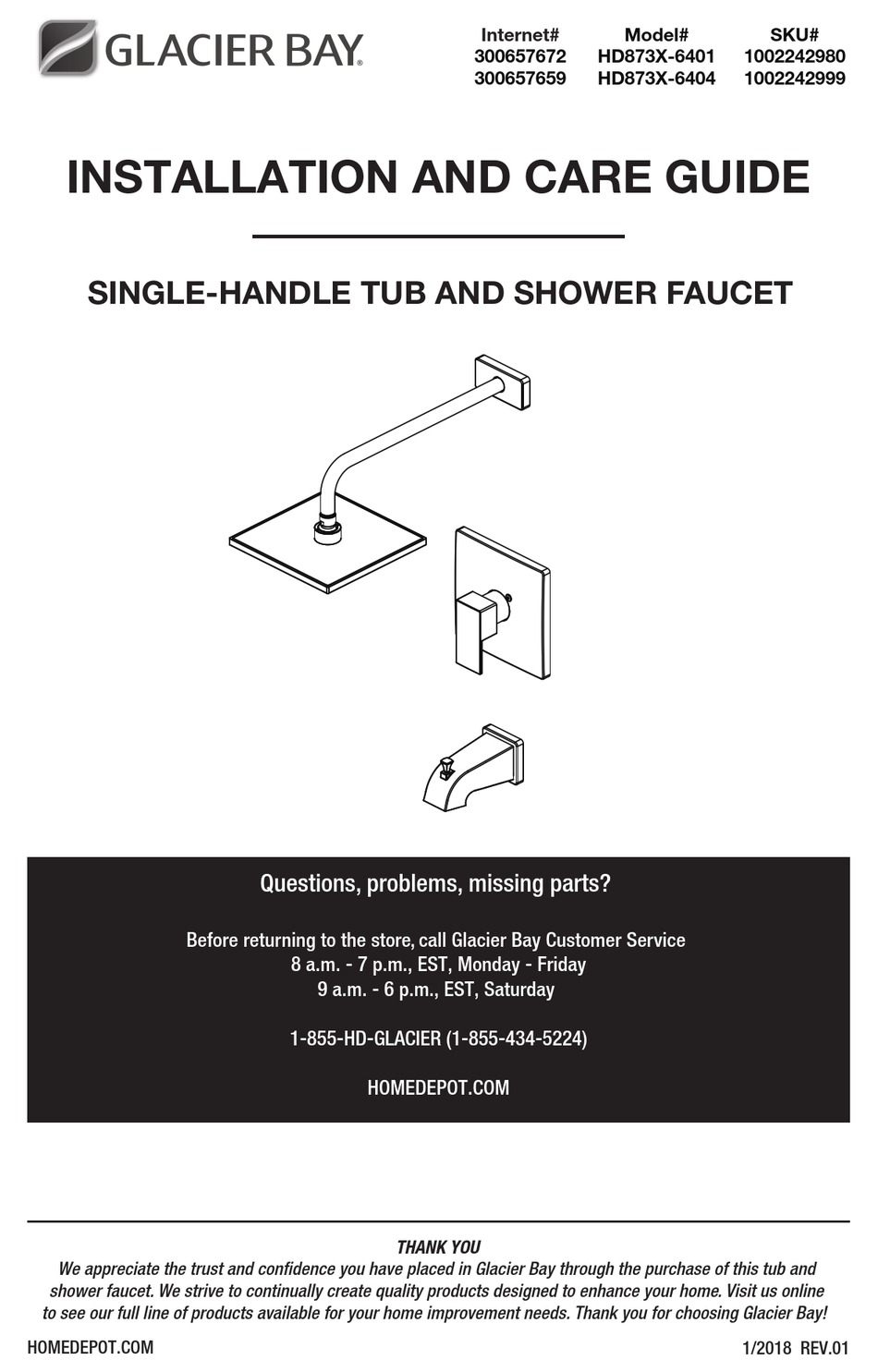 GLACIER BAY HD873X6401 INSTALLATION AND CARE MANUAL Pdf Download