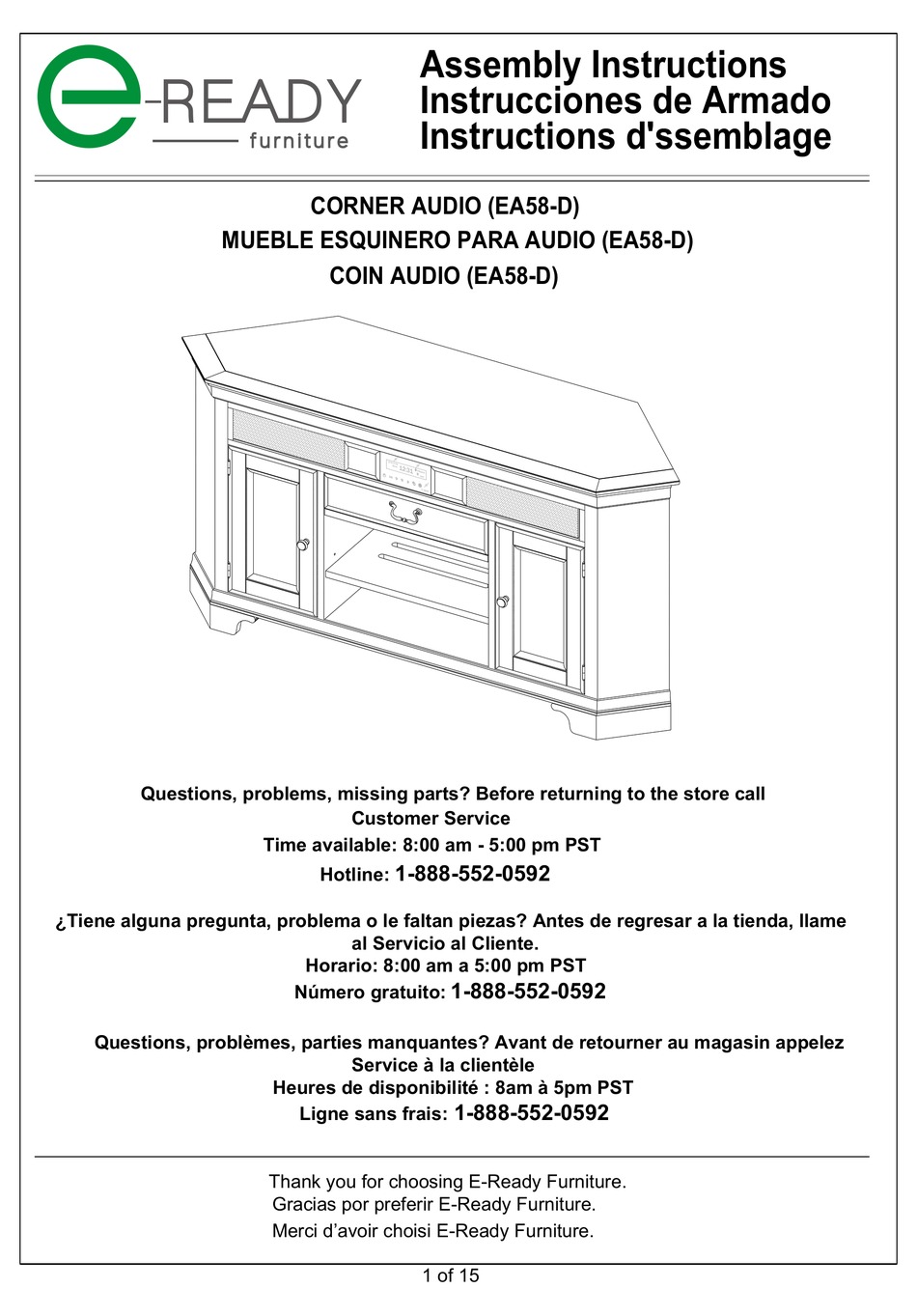 EREADY FURNITURE CORNER AUDIO EA58D ASSEMBLY INSTRUCTIONS MANUAL Pdf