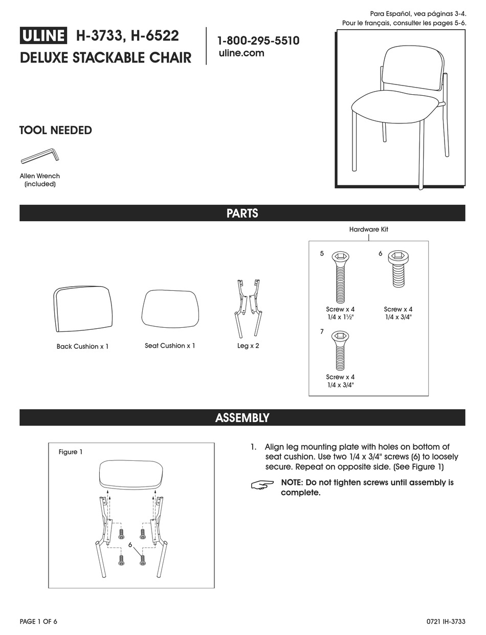 ULINE DELUXE STACKABLE CHAIR H3733 ASSEMBLY Pdf Download ManualsLib