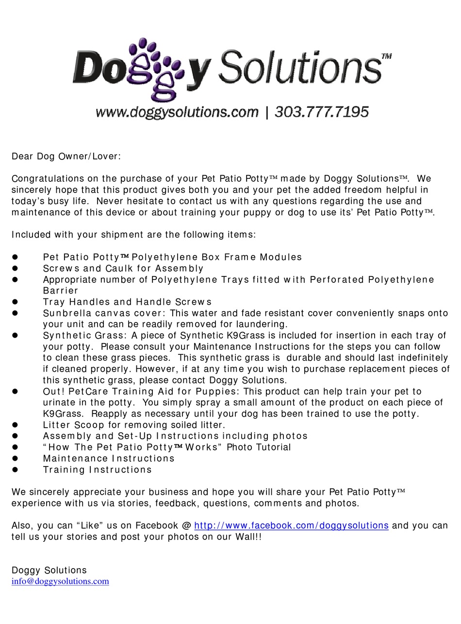 DOGGY SOLUTIONS PET PATIO POTTY ASSEMBLY INSTRUCTIONS Pdf Download