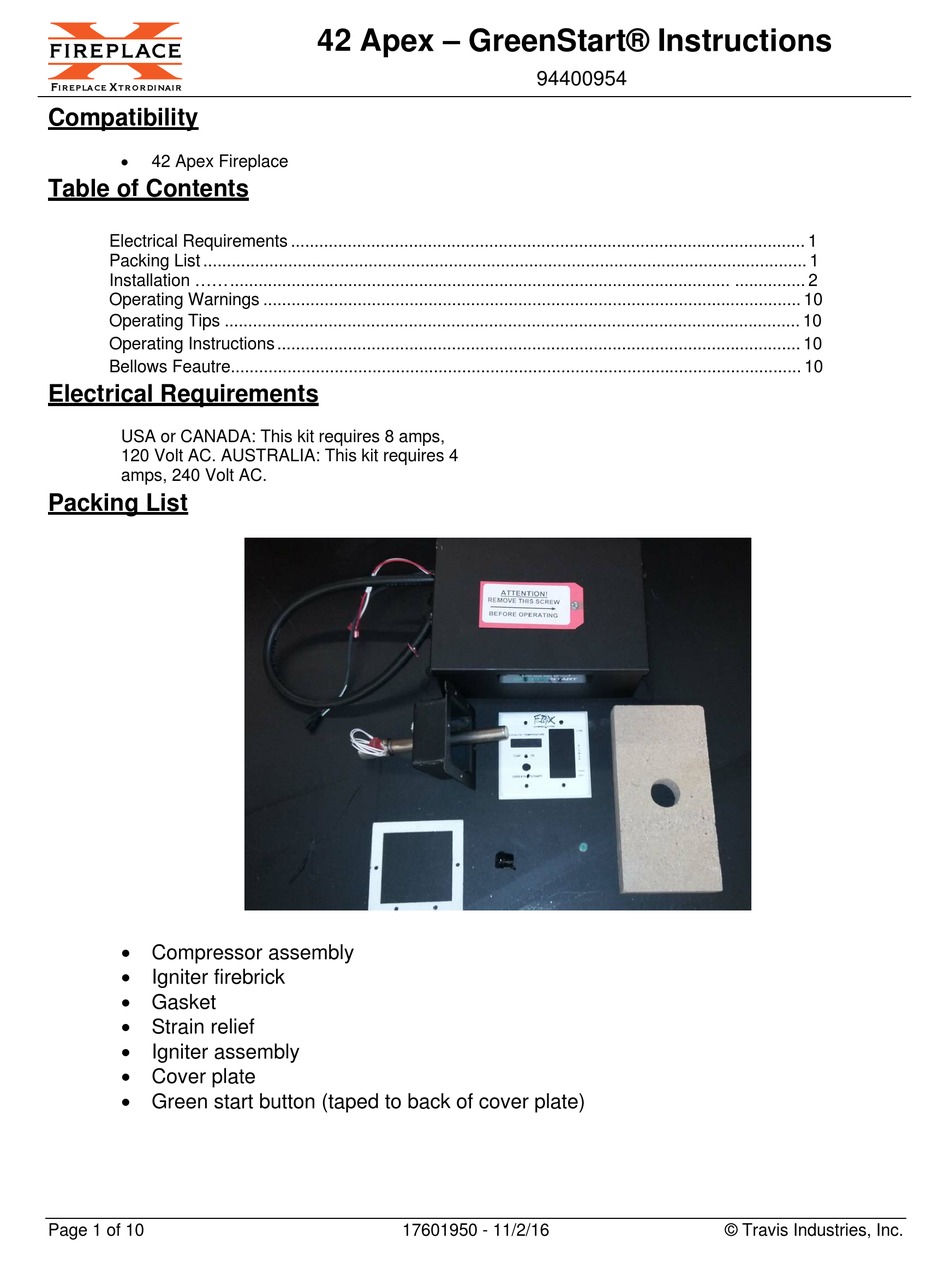 TRAVIS INDUSTRIES FIREPLACE XTRORDINAIR GREENSTART APEX 42 INSTRUCTIONS