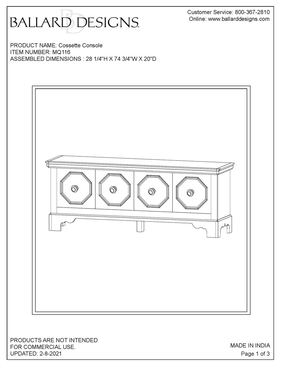 BALLARD DESIGNS COSSETTE MQ116 ASSEMBLY INSTRUCTIONS Pdf Download