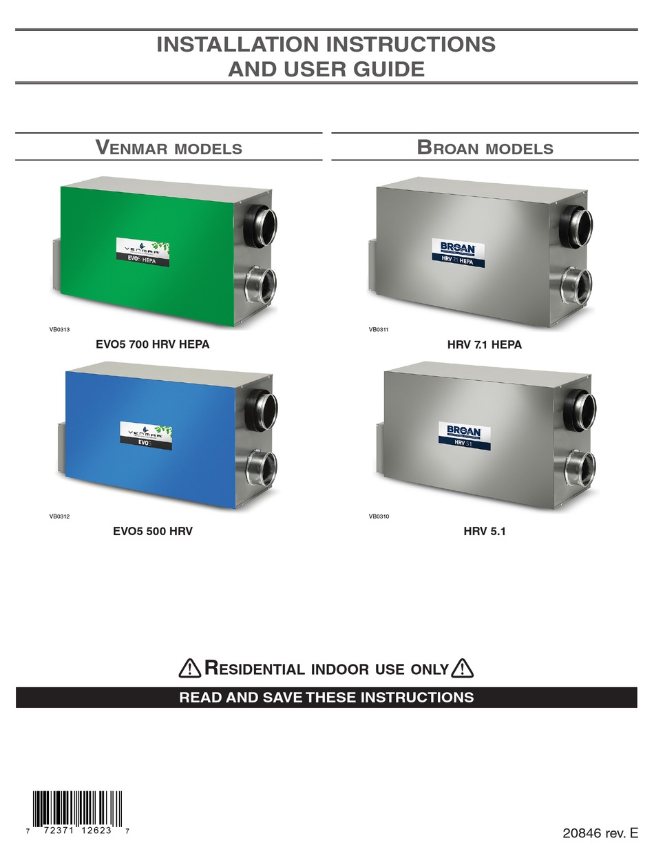VENMAR BROAN HRV 7.1 HEPA INSTALLATION INSTRUCTIONS AND USER MANUAL Pdf