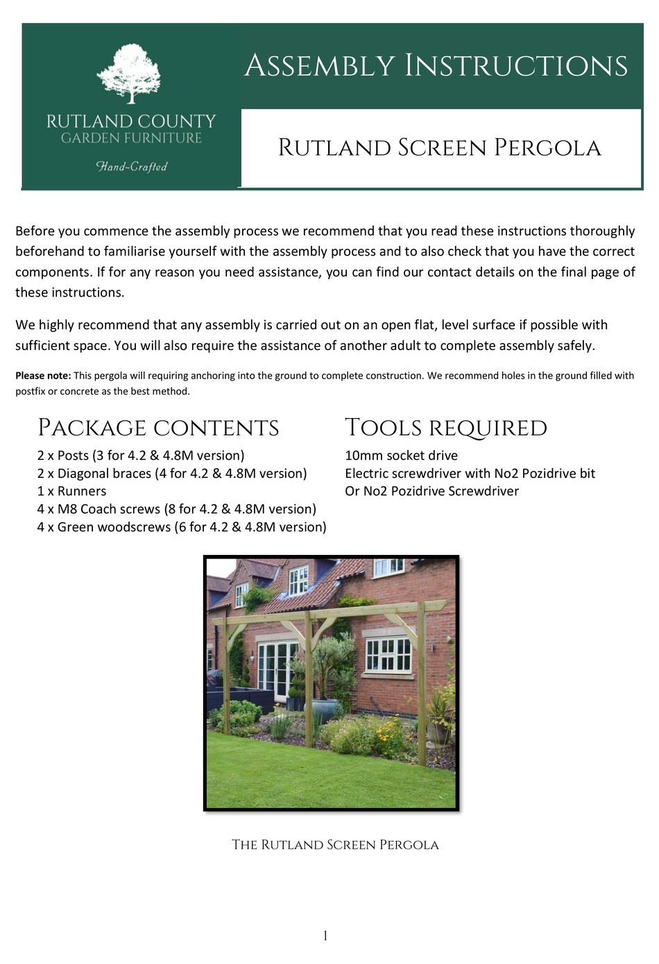 RUTLAND COUNTY GARDEN FURNITURE SCREEN PERGOLA ASSEMBLY INSTRUCTIONS