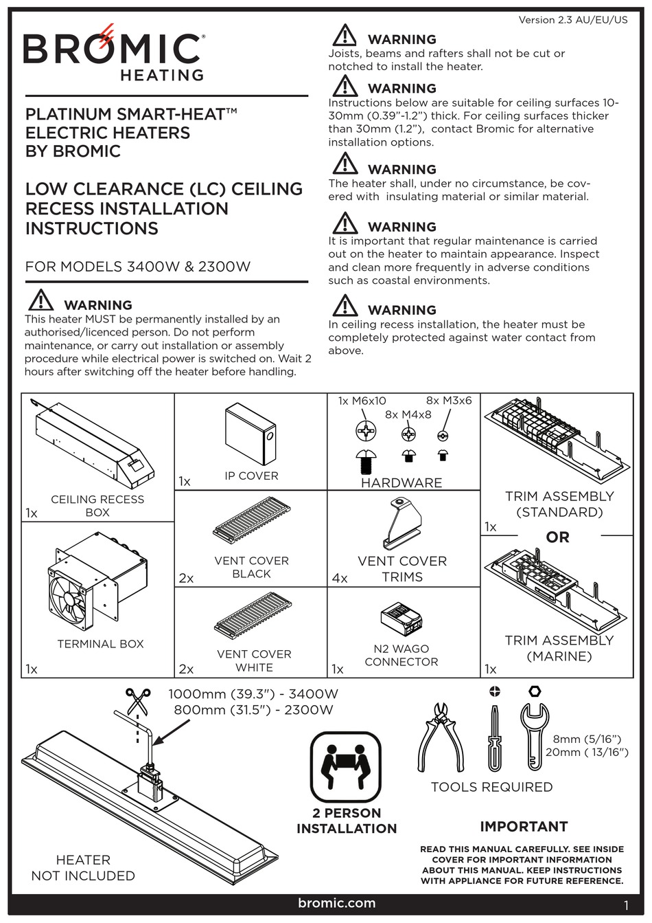 BROMIC HEATING PLATINUM SMARTHEAT 3400W INSTALLATION INSTRUCTIONS