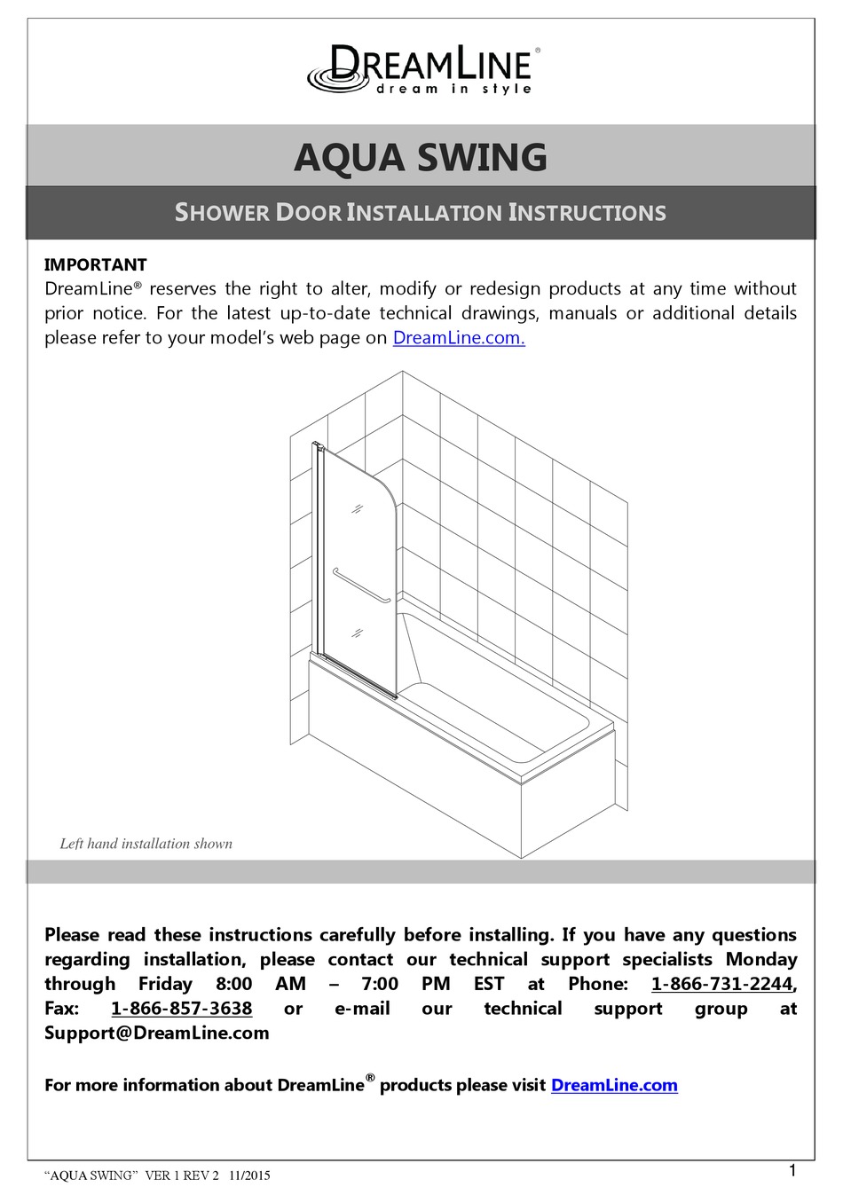 DREAMLINE AQUA SWING INSTALLATION INSTRUCTIONS MANUAL Pdf Download
