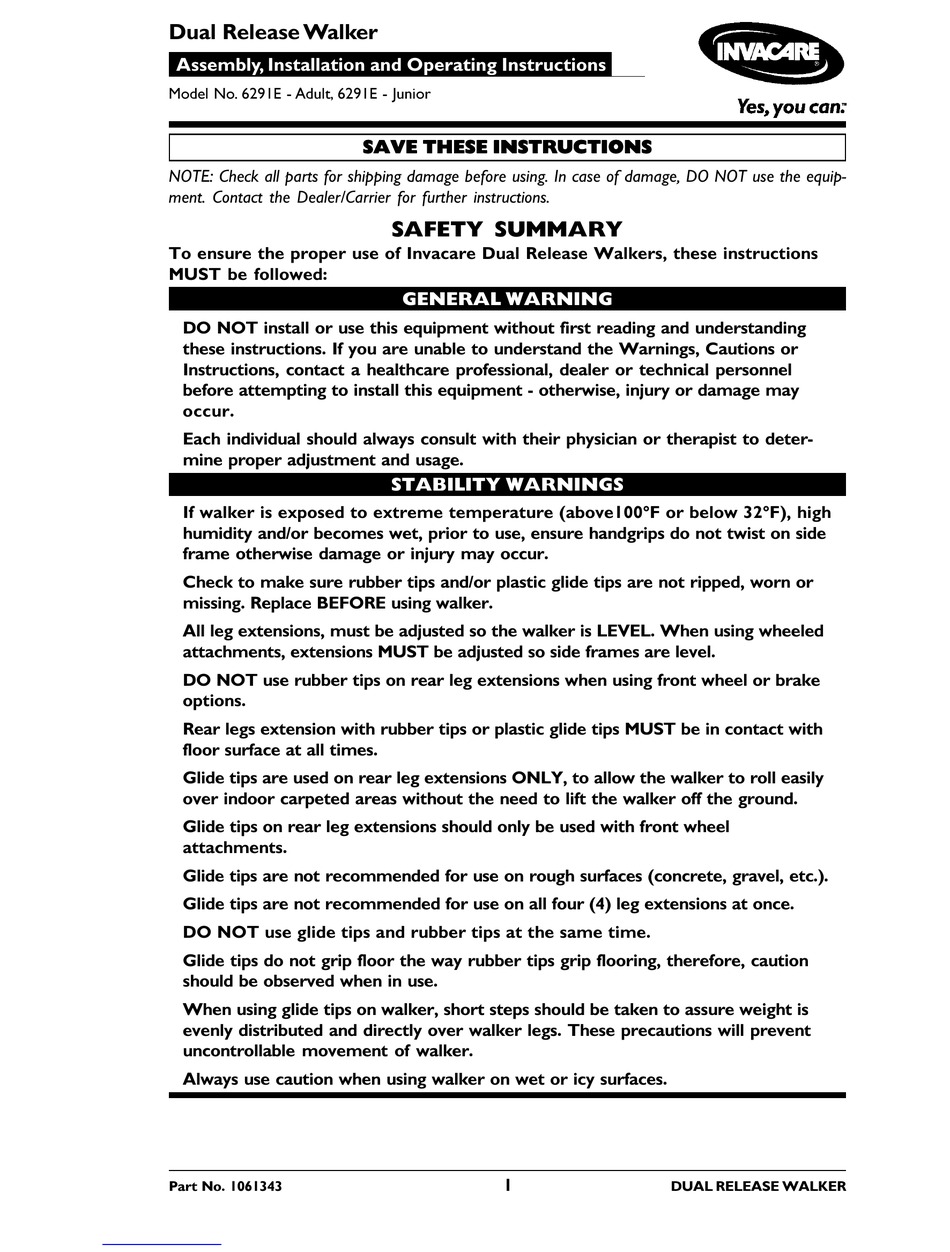 INVACARE 6291E ASSEMBLY, INSTALLATION AND OPERATING INSTRUCTIONS Pdf