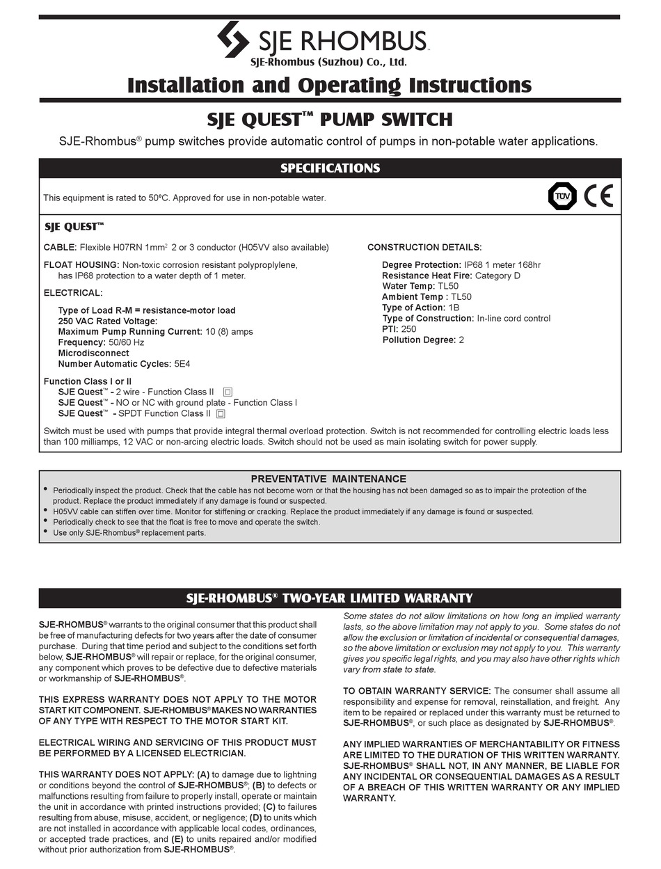 SJE RHOMBUS QUEST INSTALLATION AND OPERATING INSTRUCTIONS Pdf Download ManualsLib