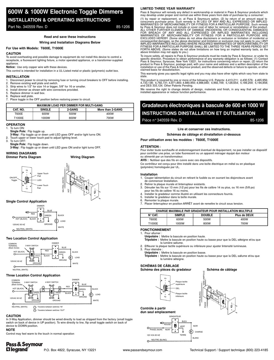 LEGRAND PASS & SEYMOUR T600E INSTALLATION & OPERATING INSTRUCTIONS Pdf