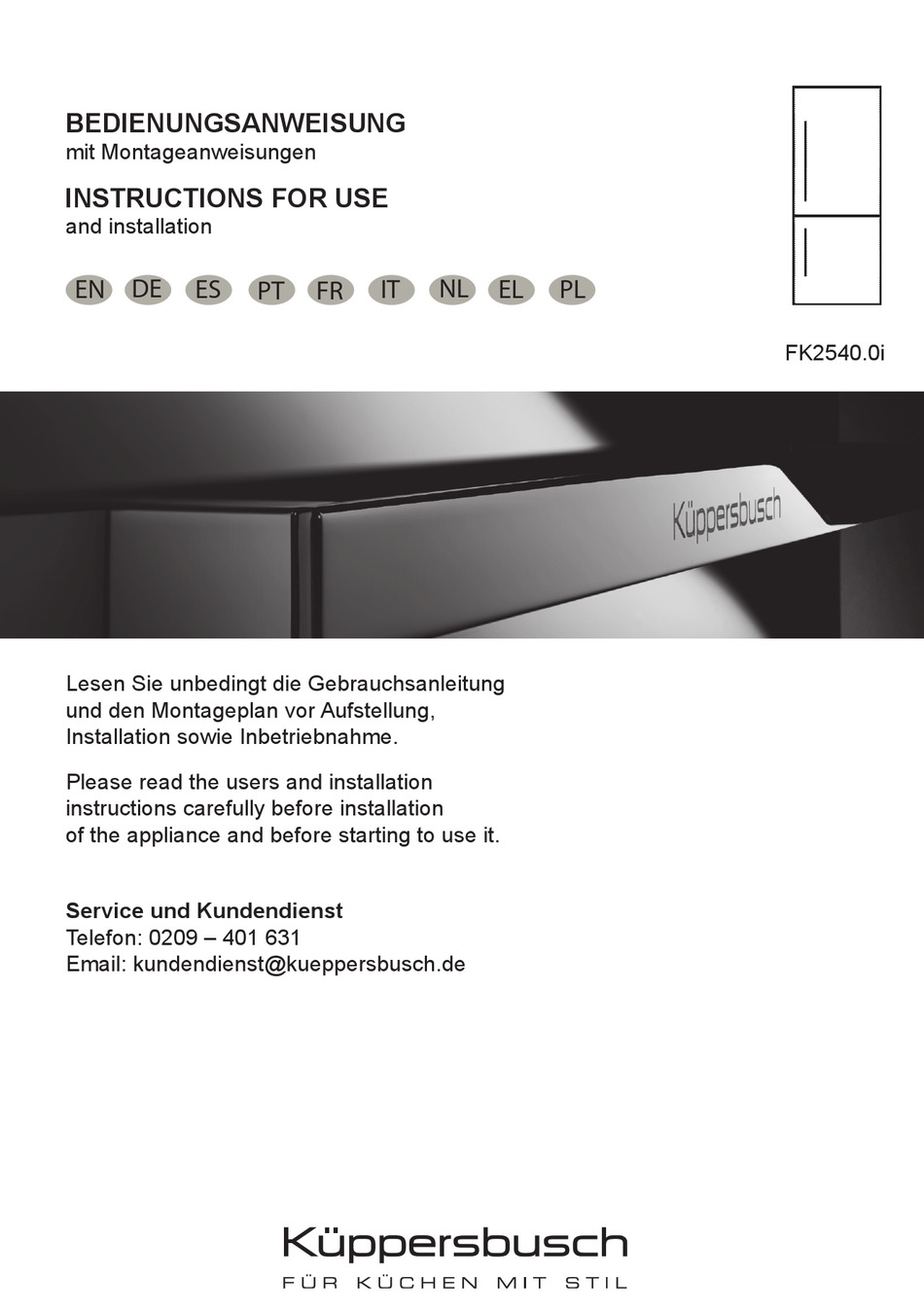 KUPPERSBUSCH FK2540.0I INSTRUCTIONS FOR USE AND INSTALLATION Pdf