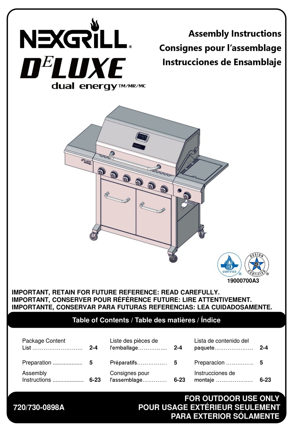 NEXGRILL DELUXE DUAL ENERGY 7200898A ASSEMBLY INSTRUCTIONS MANUAL Pdf