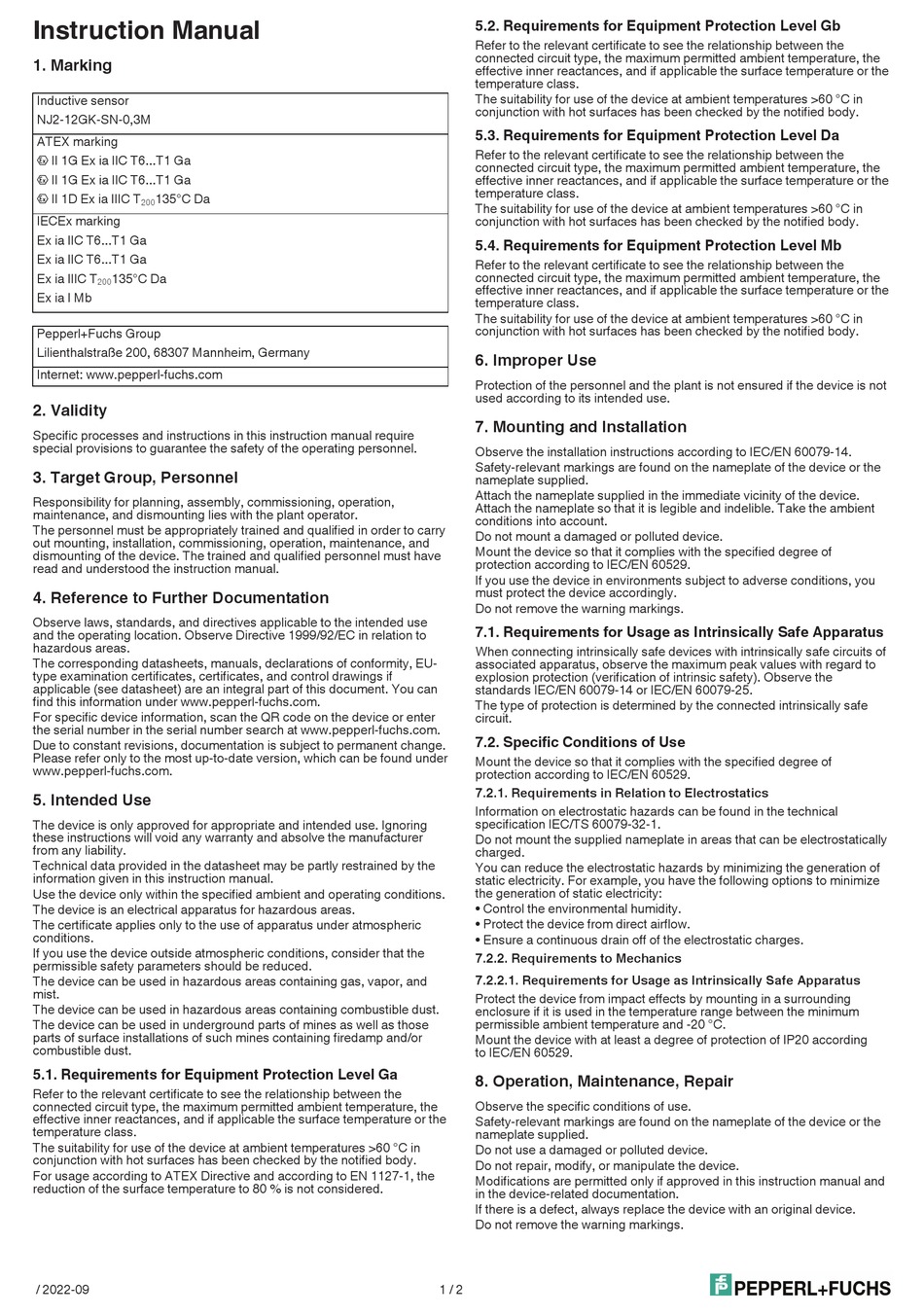 PEPPERL+FUCHS NJ2-12GK-SN-03M INSTRUCTION MANUAL Pdf Download | ManualsLib