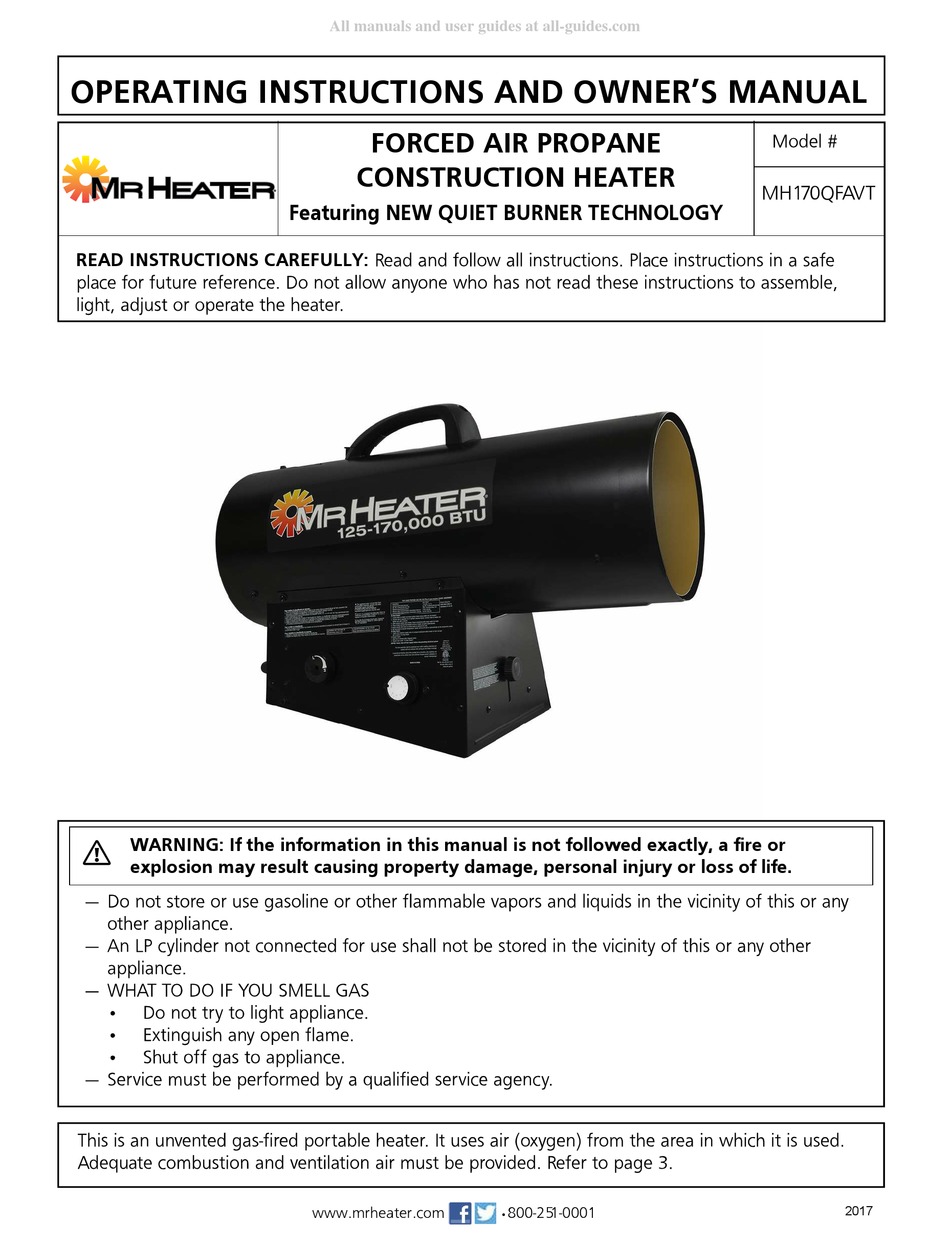 MR. HEATER MH170QFAVT OPERATING INSTRUCTIONS MANUAL Pdf Download