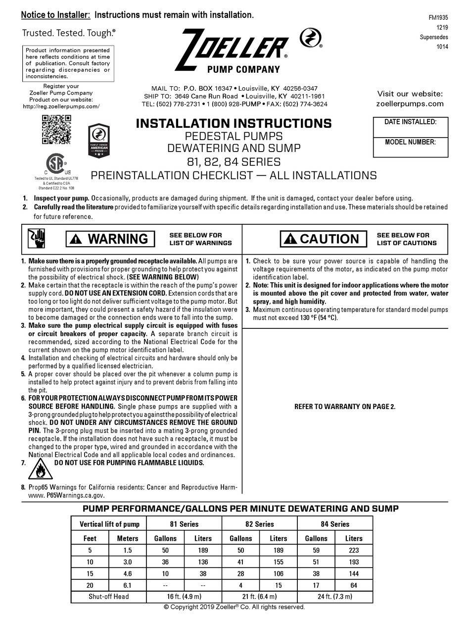 ZOELLER 81 SERIES INSTALLATION INSTRUCTIONS Pdf Download ManualsLib