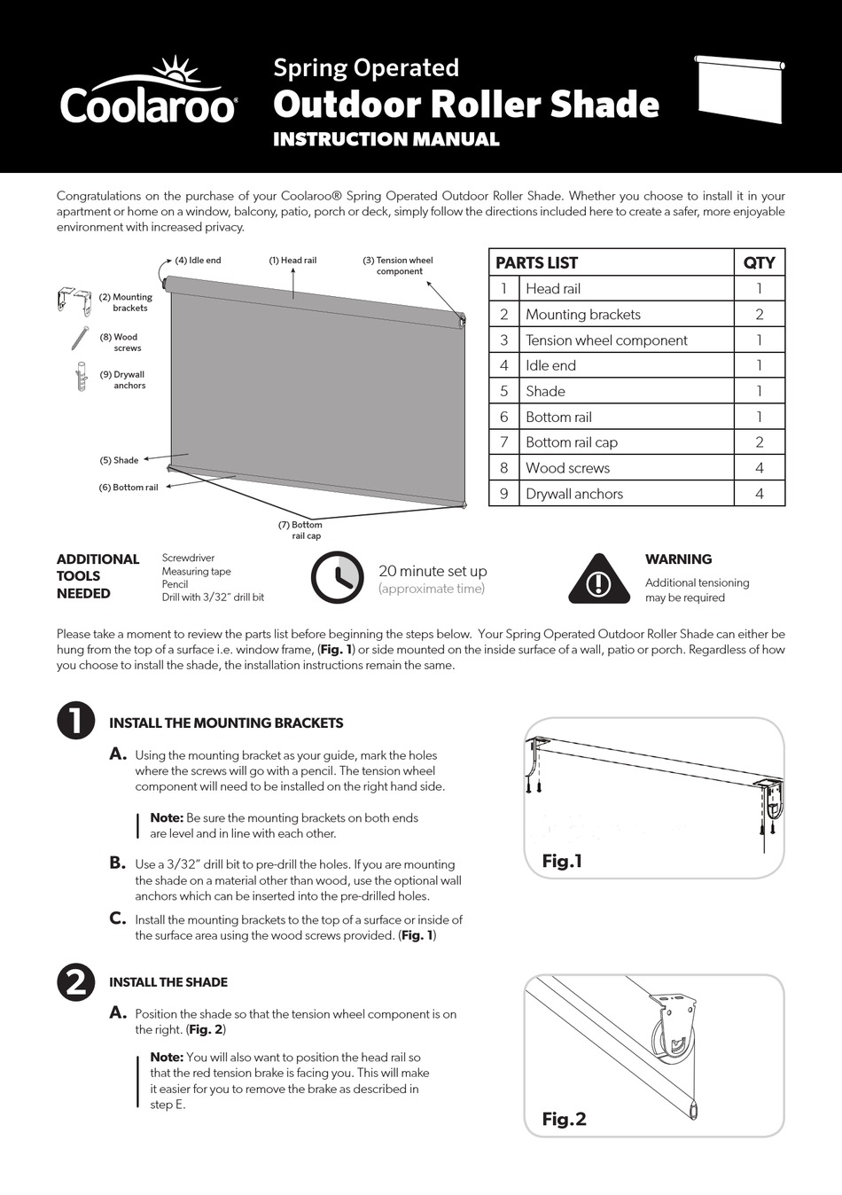 COOLAROO SPRING OPERATED OUTDOOR ROLLER SHADE INSTRUCTION MANUAL Pdf