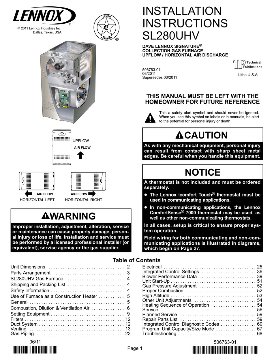 LENNOX SIGNATURE SL280UHV INSTALLATION INSTRUCTIONS MANUAL Pdf Download