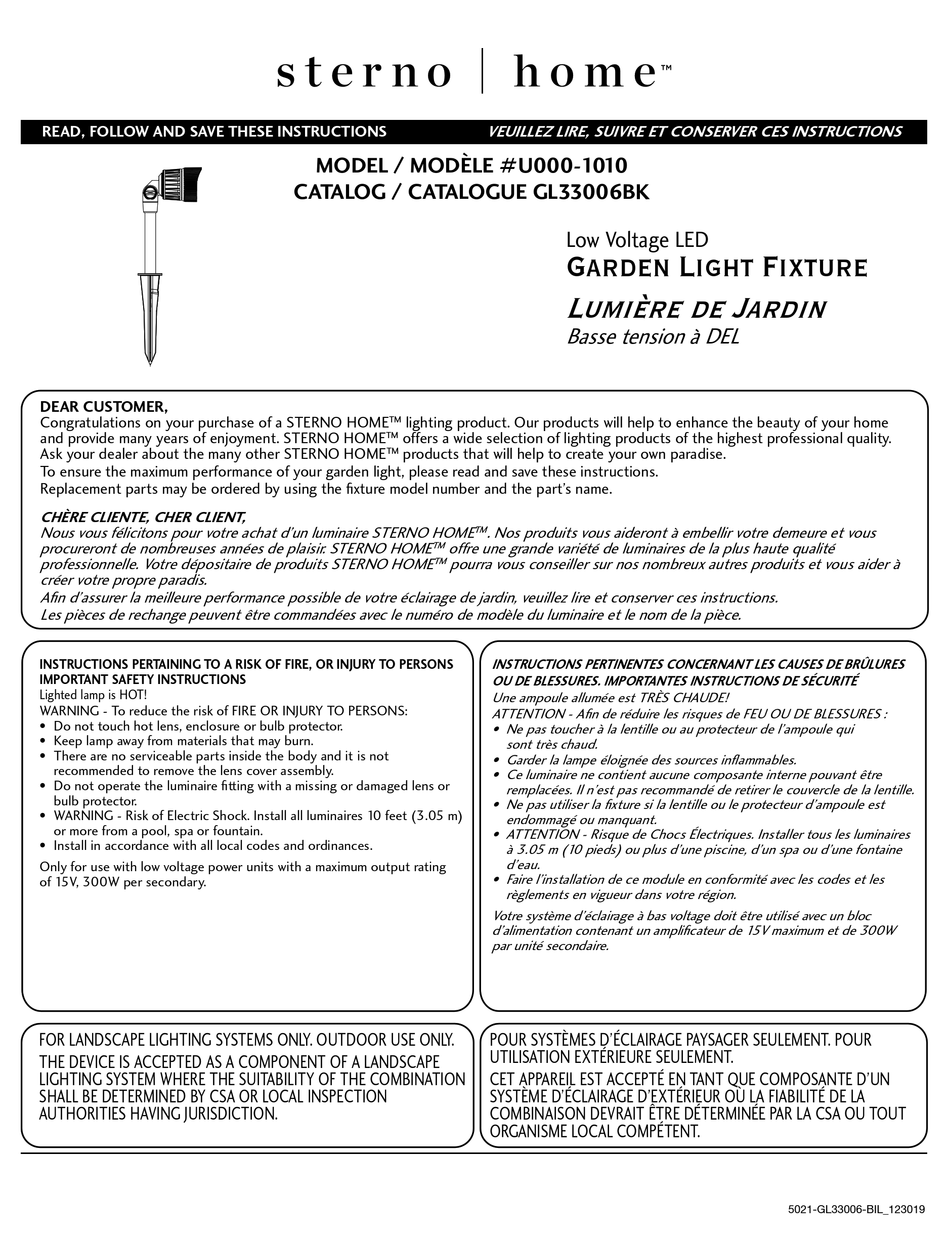 STERNO HOME U000-1010 INSTRUCTIONS Pdf Download | ManualsLib