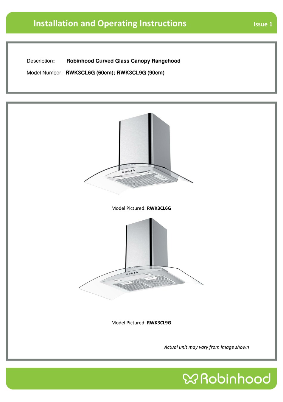 ROBINHOOD RWK3CL6G INSTALLATION AND OPERATING INSTRUCTIONS MANUAL Pdf