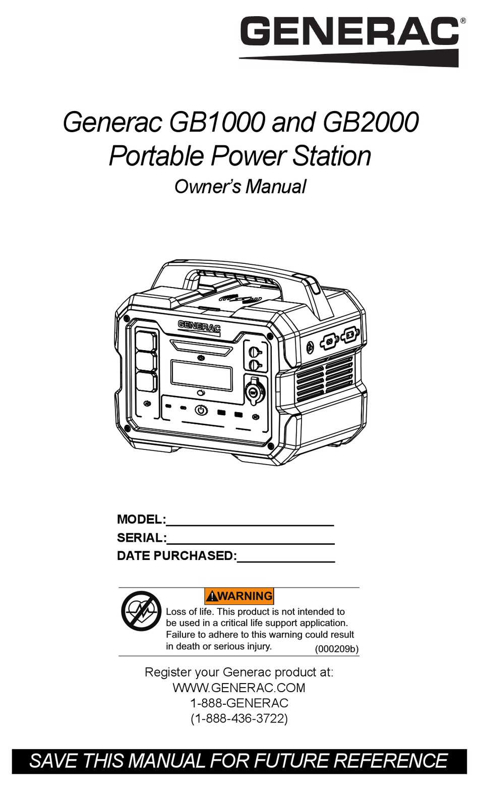 GENERAC POWER SYSTEMS GB1000 OWNER