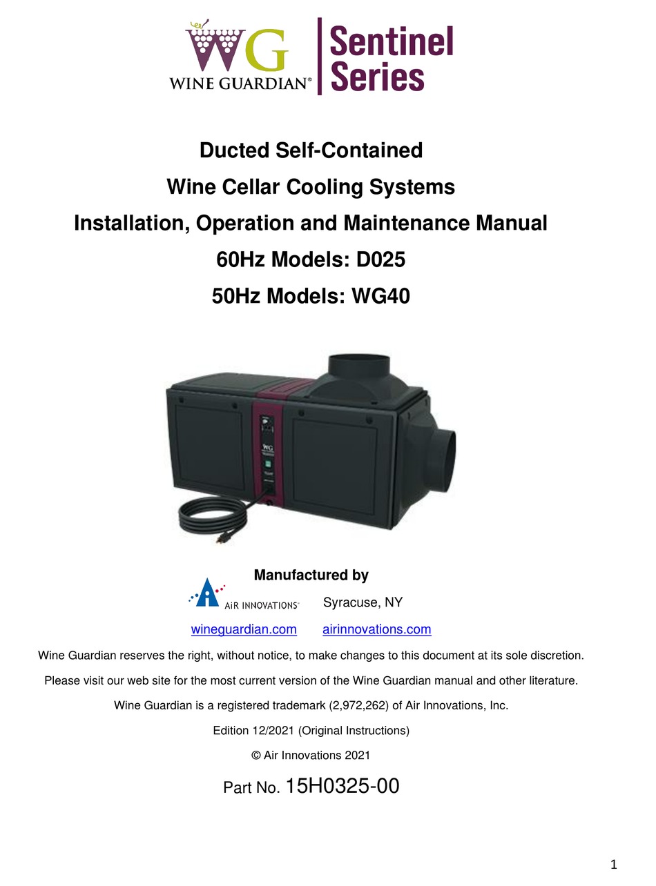 AIR INNOVATIONS WINE GUARDIAN WG40 INSTALLATION, OPERATION AND