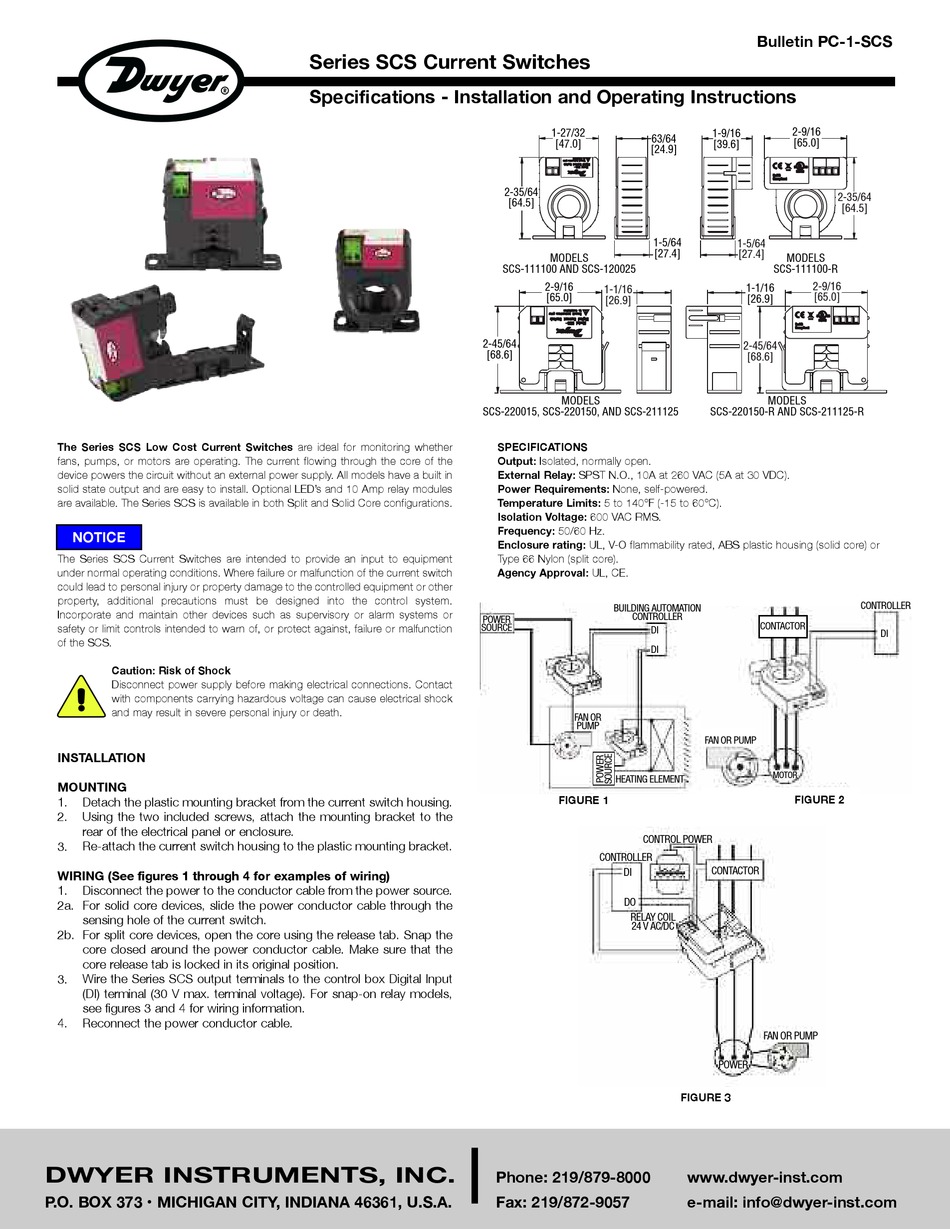 DWYER INSTRUMENTS SCS SERIES INSTALLATION AND OPERATING INSTRUCTIONS ...