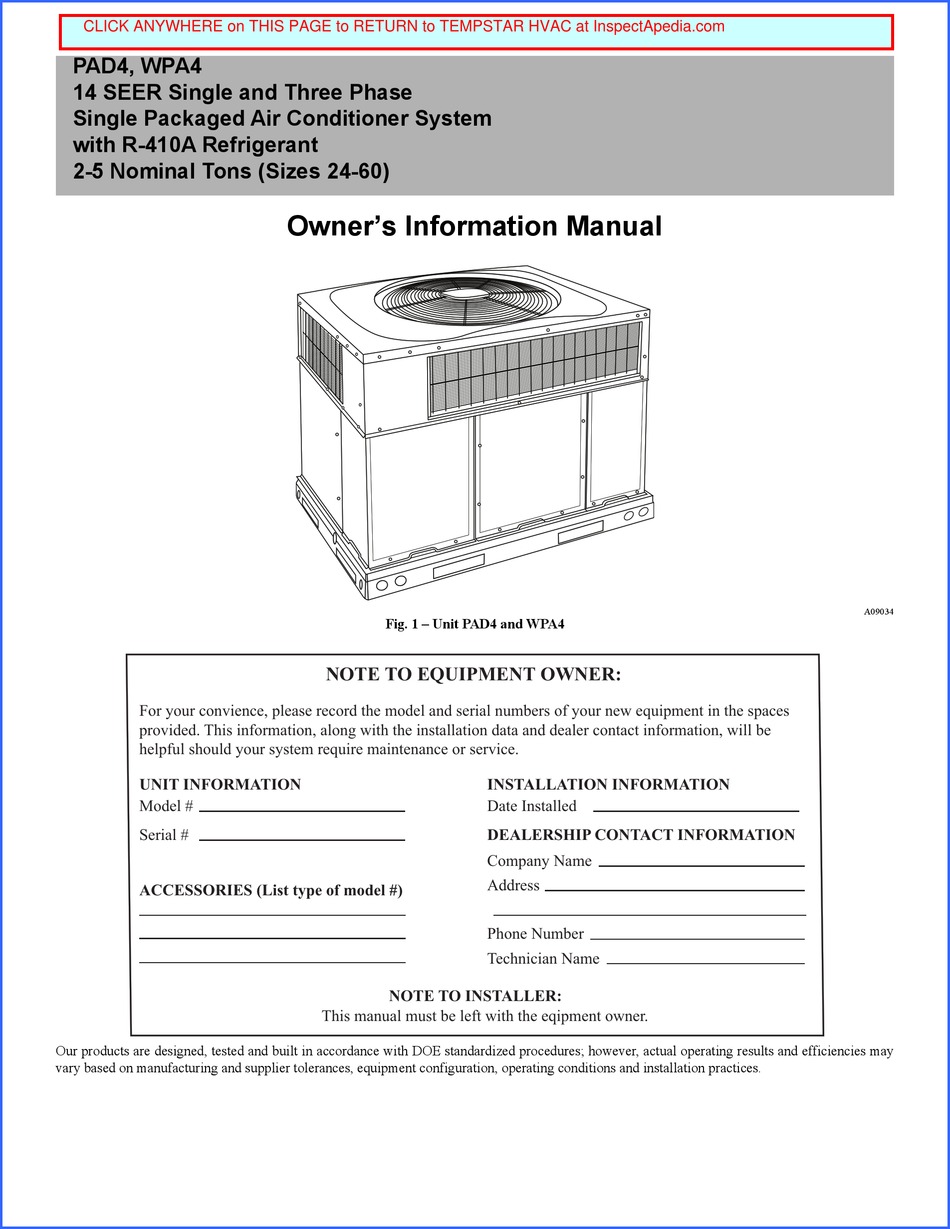 TEMPSTAR PAD4 OWNER'S INFORMATION MANUAL Pdf Download ManualsLib
