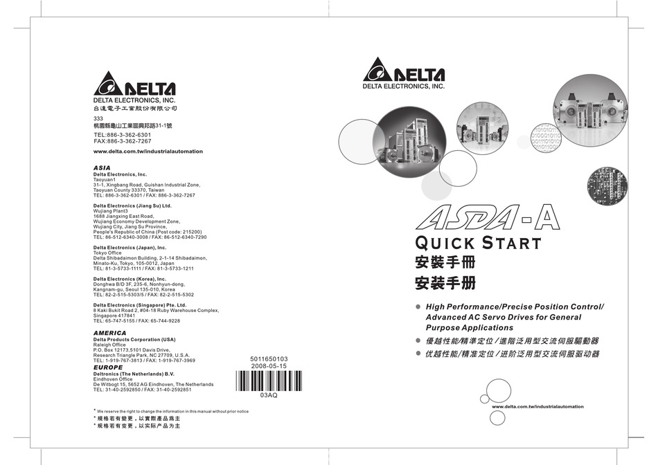 DELTA ELECTRONICS ASDAA SERIES QUICK START MANUAL Pdf Download