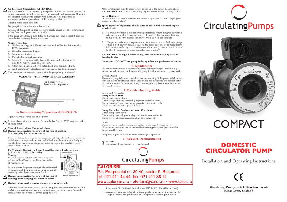 CIRCULATING PUMPS COMPACT CP21 INSTALLATION AND OPERATING INSTRUCTIONS