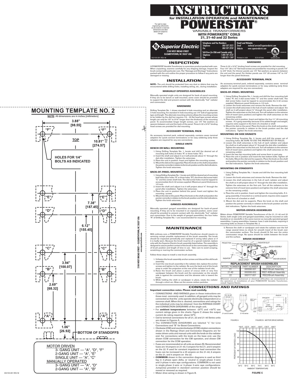 SUPERIOR ELECTRIC POWERSTAT POWERKOTE 21 SERIES INSTRUCTIONS FOR INSTALLATION OPERATION AND