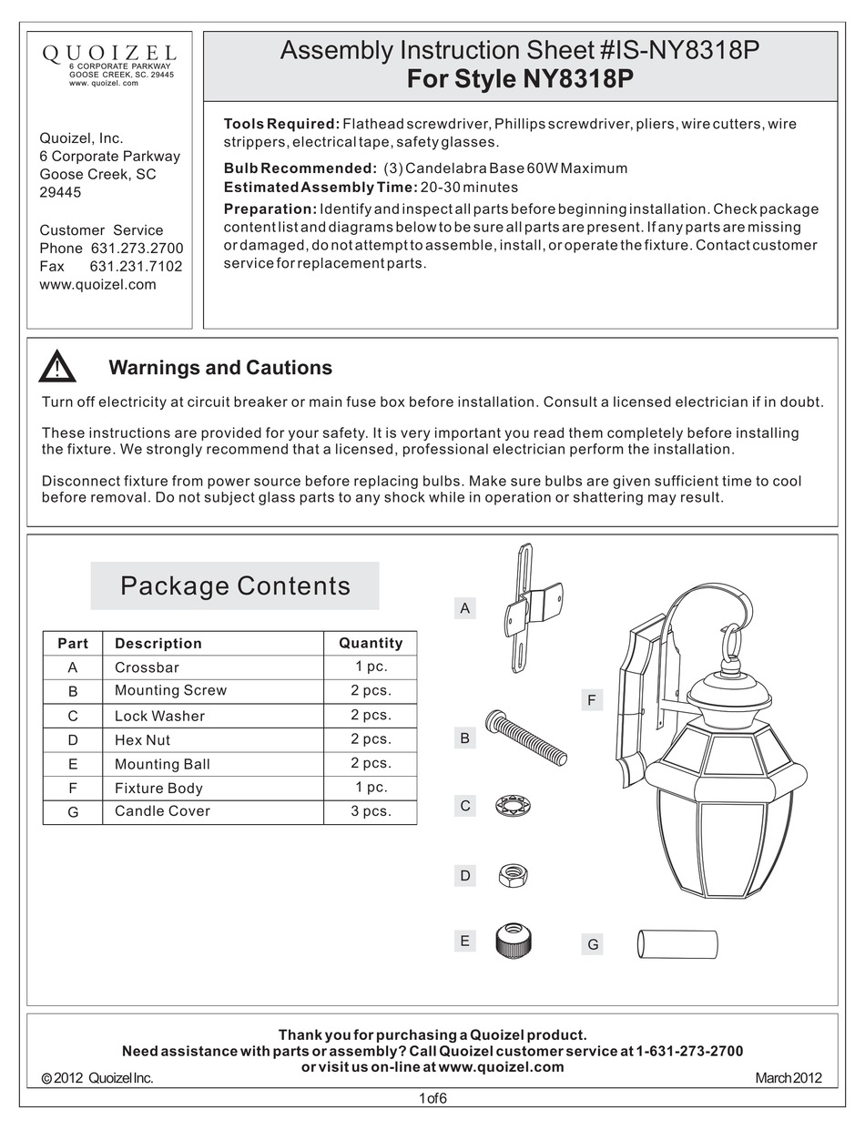 QUOIZEL NY8318P ASSEMBLY INSTRUCTION SHEET Pdf Download ManualsLib