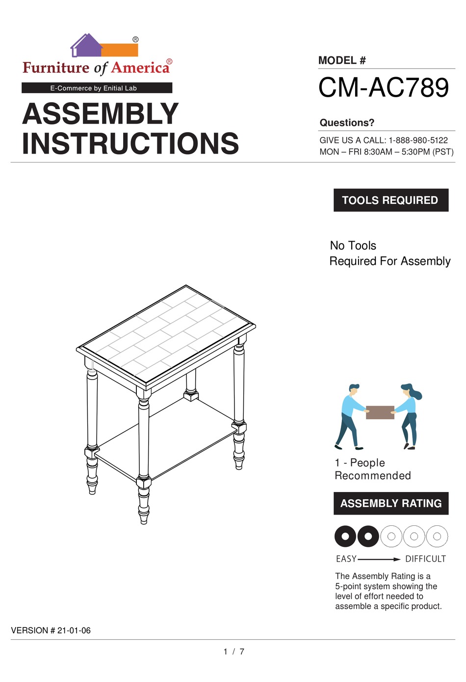 FURNITURE OF AMERICA SANTA CLARITA CMAC789 ASSEMBLY INSTRUCTIONS