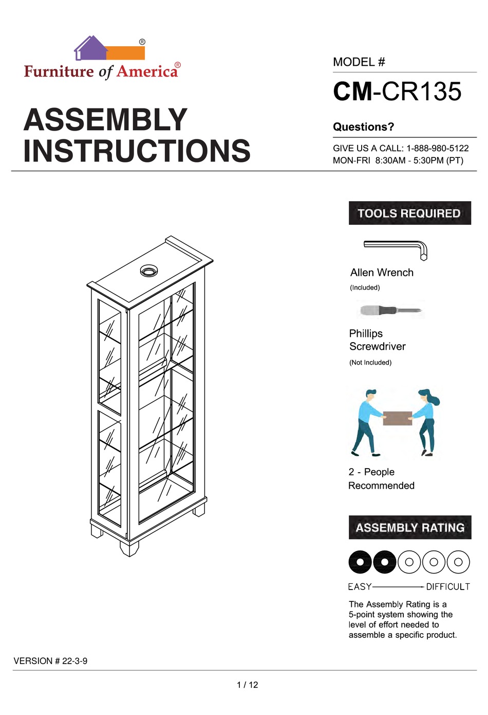 FURNITURE OF AMERICA LUDDEN CMCR135 ASSEMBLY INSTRUCTIONS MANUAL Pdf