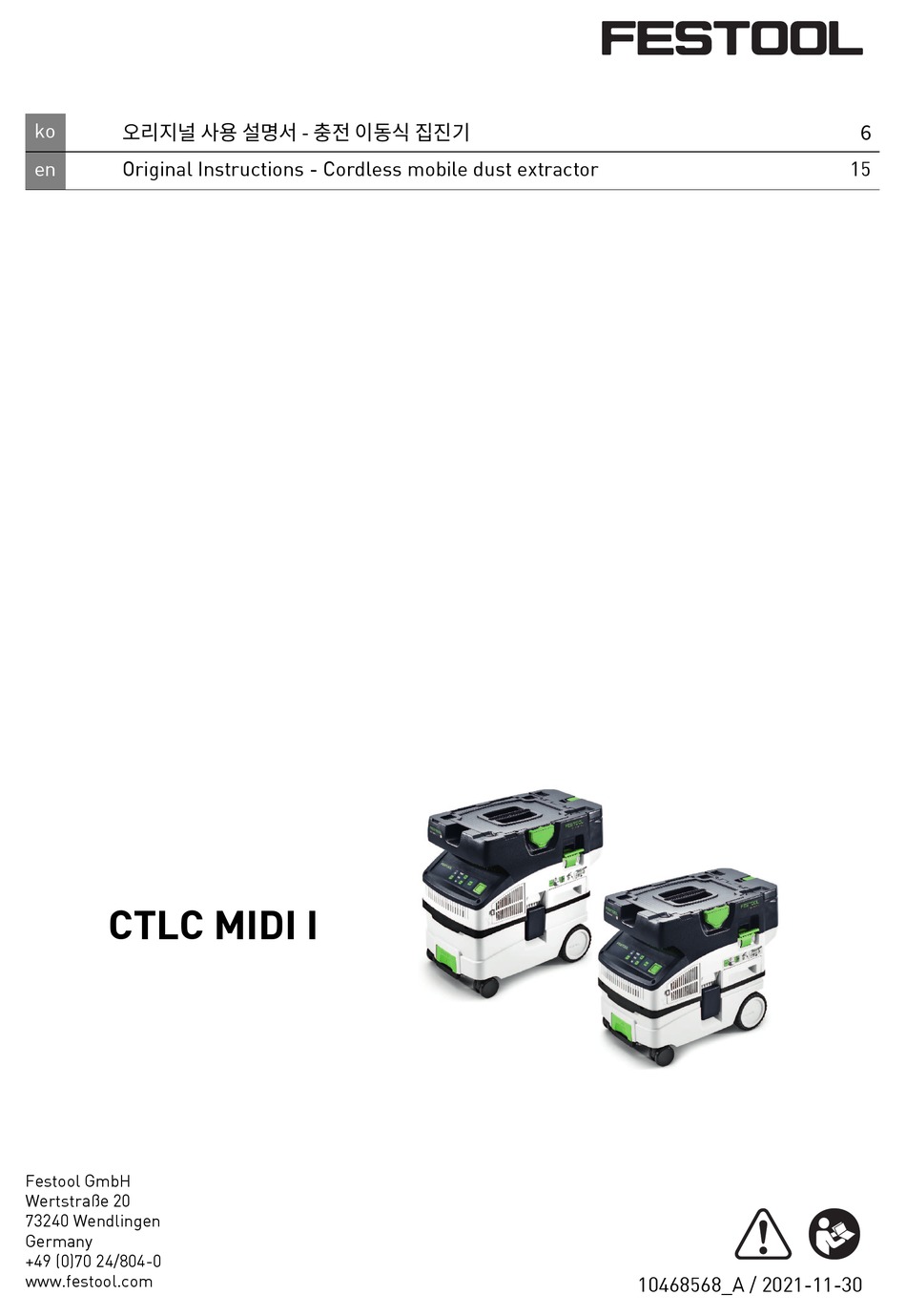 FESTOOL CLEANTEC CTLC MIDI I ORIGINAL INSTRUCTIONS MANUAL Pdf Download