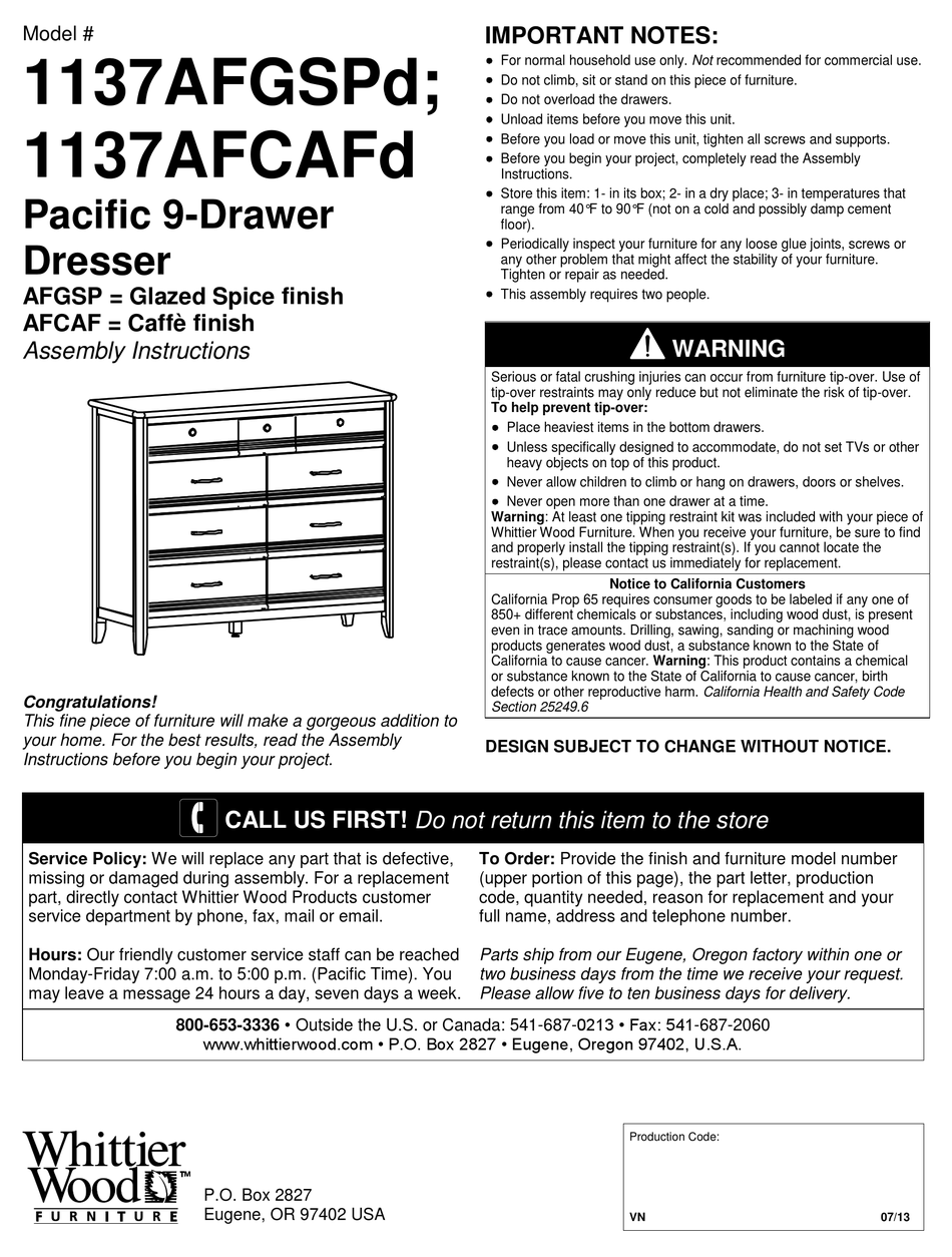 WHITTIER WOOD 1137AFGSPD ASSEMBLY INSTRUCTIONS Pdf Download ManualsLib