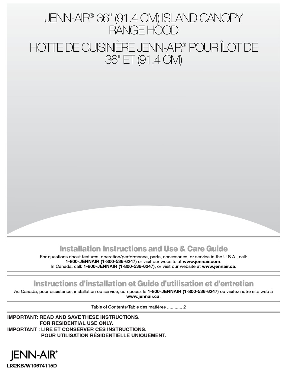 JENNAIR JXI8536DS0 INSTALLATION INSTRUCTIONS AND USE & CARE MANUAL Pdf