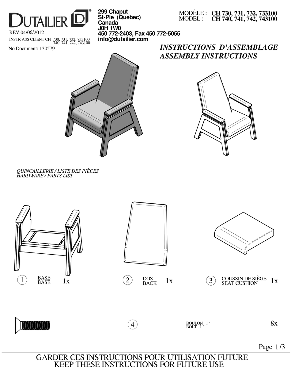 DUTAILIER CH 730 ASSEMBLY INSTRUCTIONS Pdf Download ManualsLib