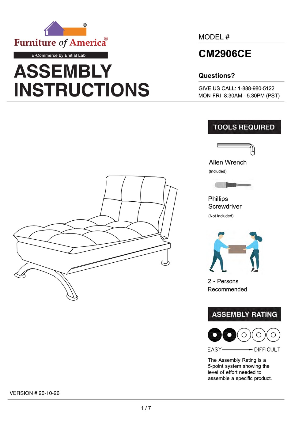 FURNITURE OF AMERICA ARISTO CM2906BKCE ASSEMBLY INSTRUCTIONS MANUAL