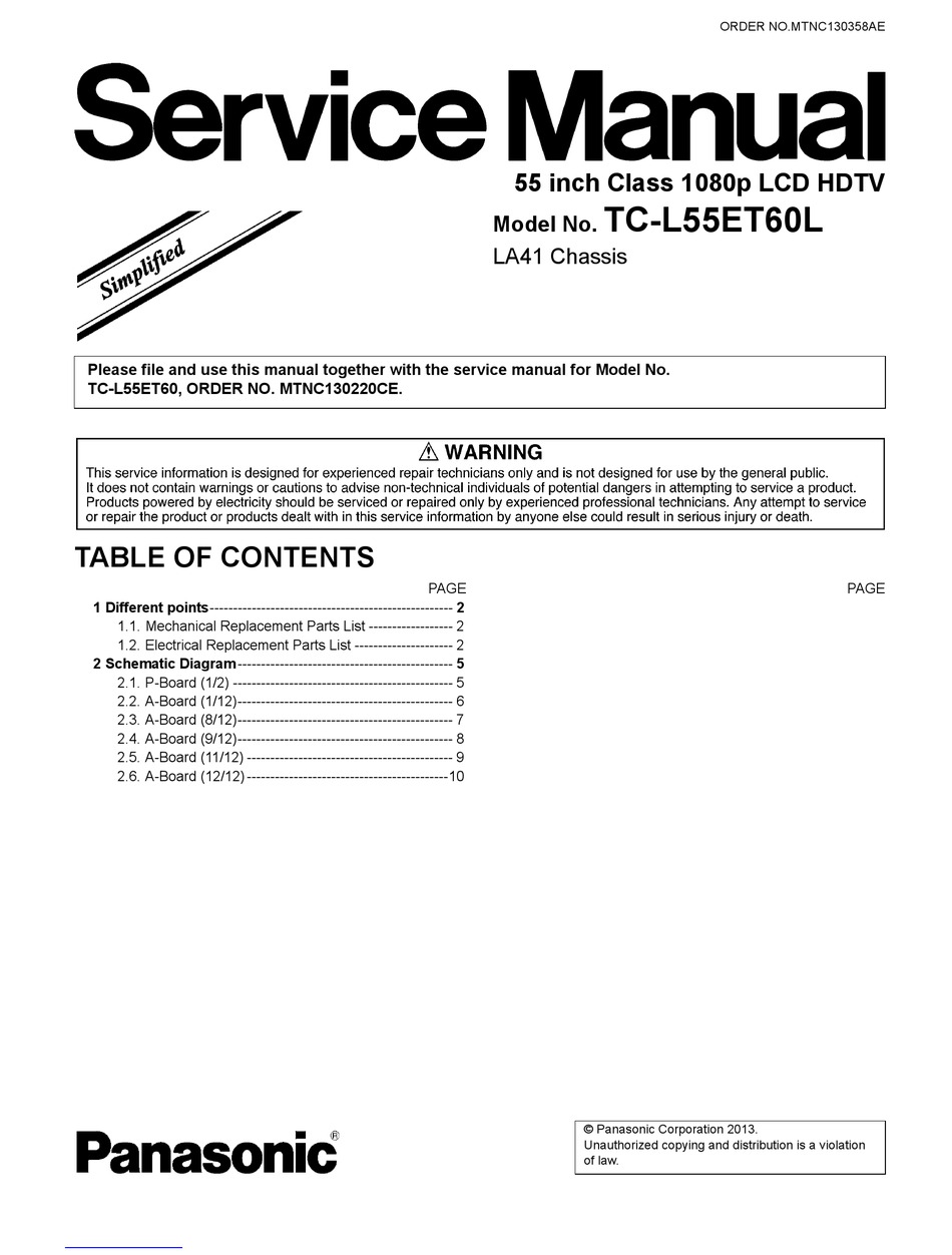 PANASONIC TCL55ET60L SERVICE MANUAL Pdf Download ManualsLib