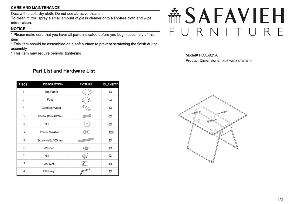 SAFAVIEH FURNITURE MODERN FOX6021A QUICK START MANUAL Pdf Download
