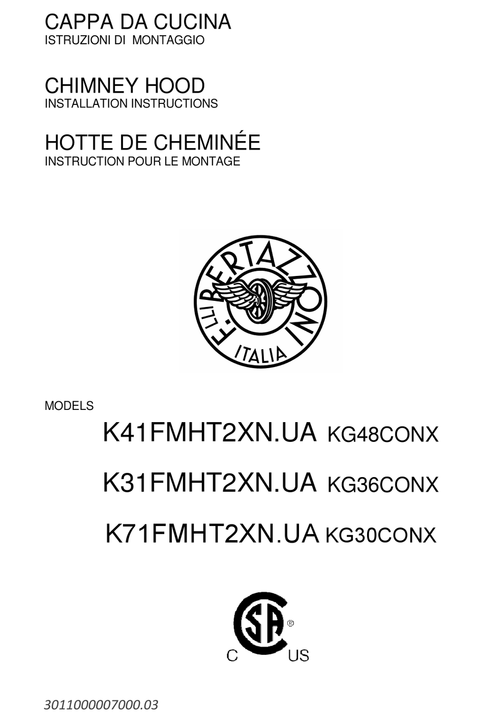 BERTAZZONI K71FMHT2XN.UA INSTALLATION INSTRUCTIONS MANUAL Pdf Download