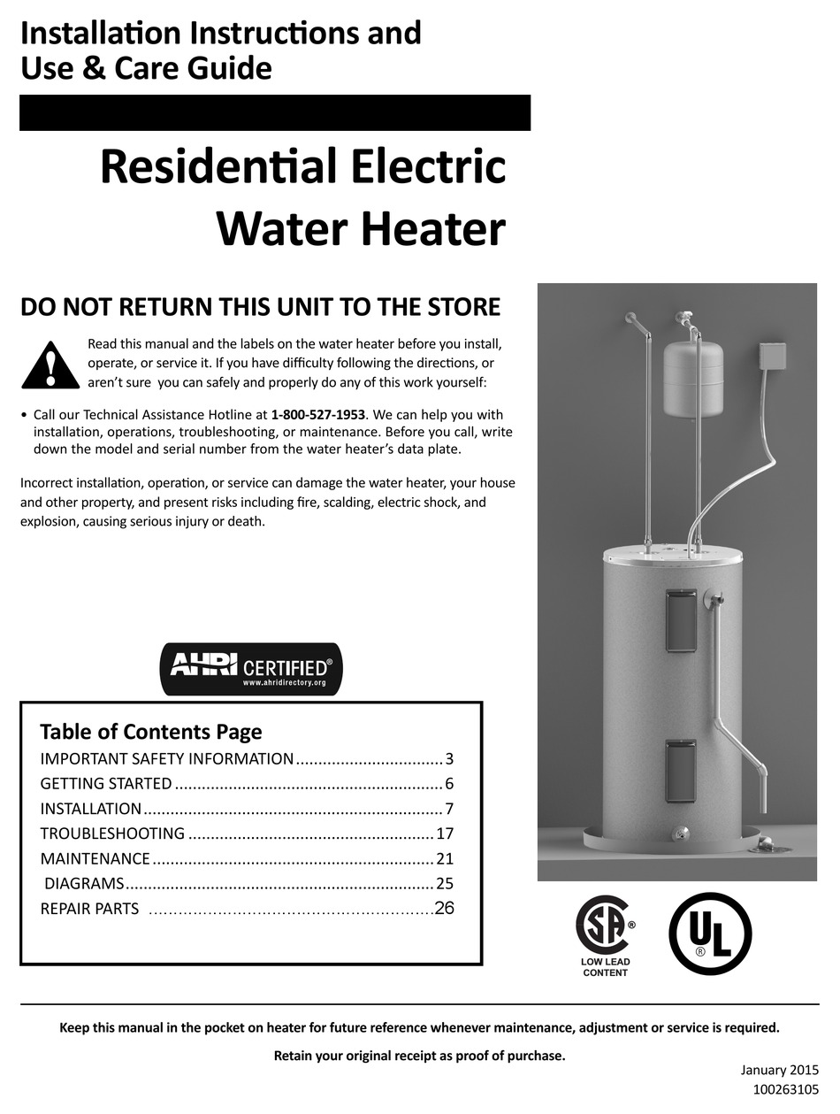 A.O. SMITH ENL40240V45 INSTALLATION INSTRUCTIONS AND USE & CARE