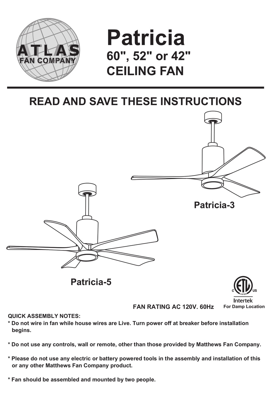 ATLAS FAN COMPANY PA3TBBW42 INSTRUCTIONS MANUAL Pdf Download