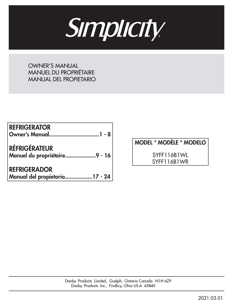 DANBY SIMPLICITY SYFF116B1WL OWNER'S MANUAL Pdf Download ManualsLib