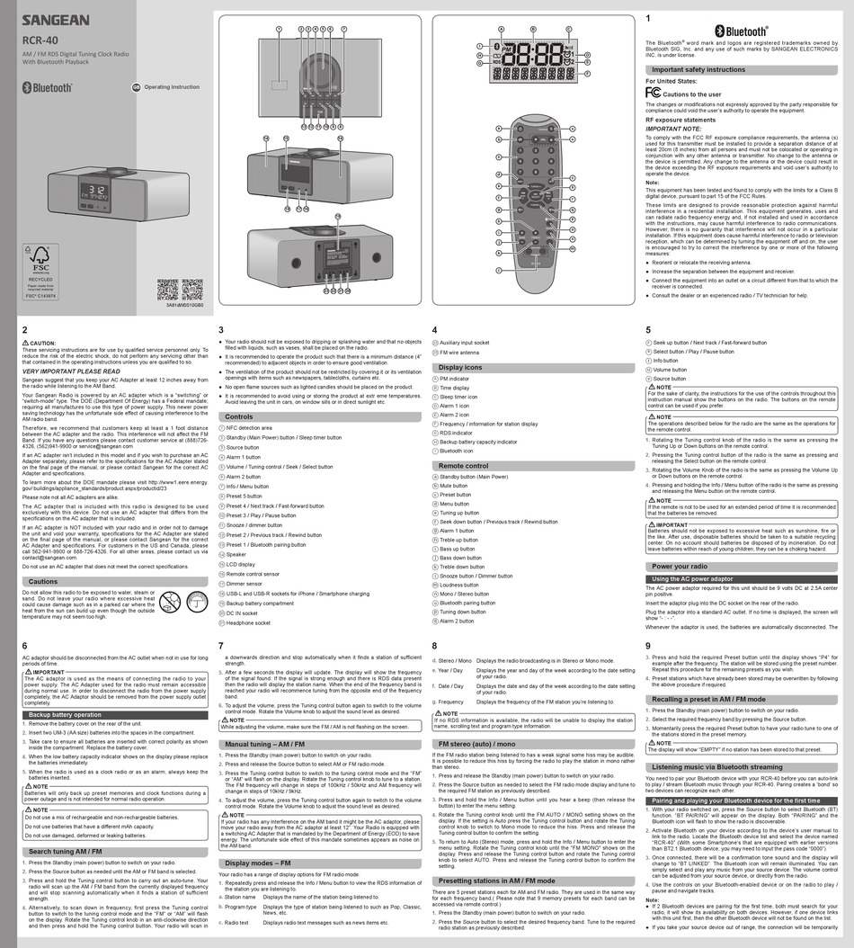 SANGEAN RCR40 OPERATING INSTRUCTION Pdf Download ManualsLib