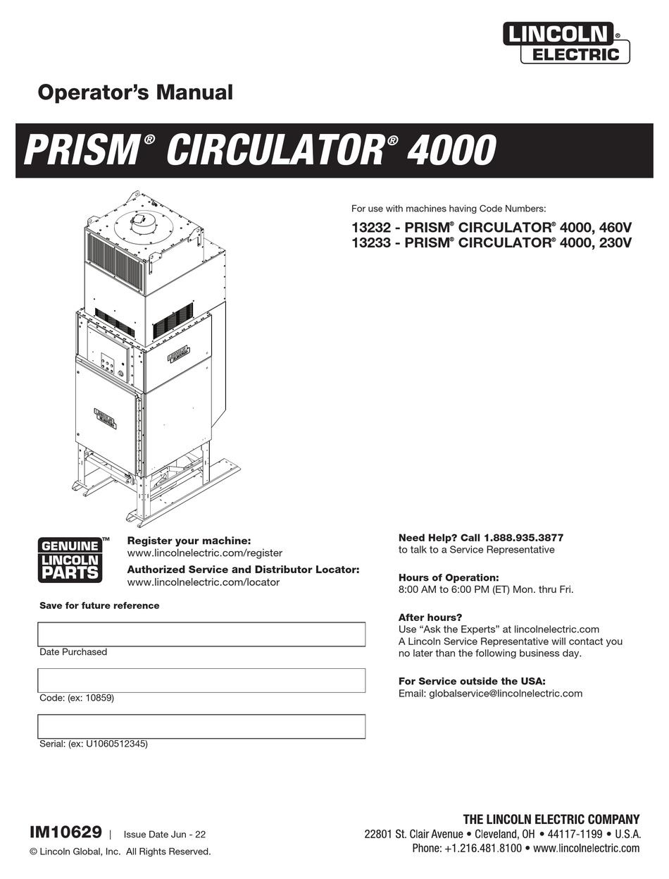 LINCOLN ELECTRIC PRISM CIRCULATOR 4000 OPERATOR'S MANUAL Pdf Download ...